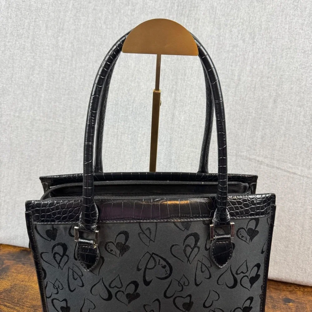 Love Shoulder Bag Womens Black Heart Print Faux Croc Y2K Purse Handbag
